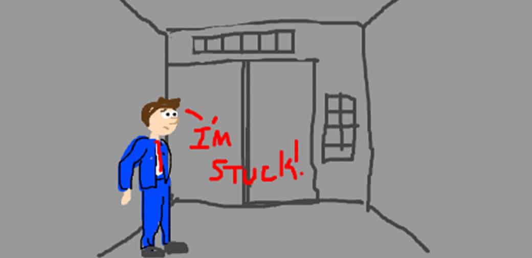 Illustration of cartoon man stuck in lift.